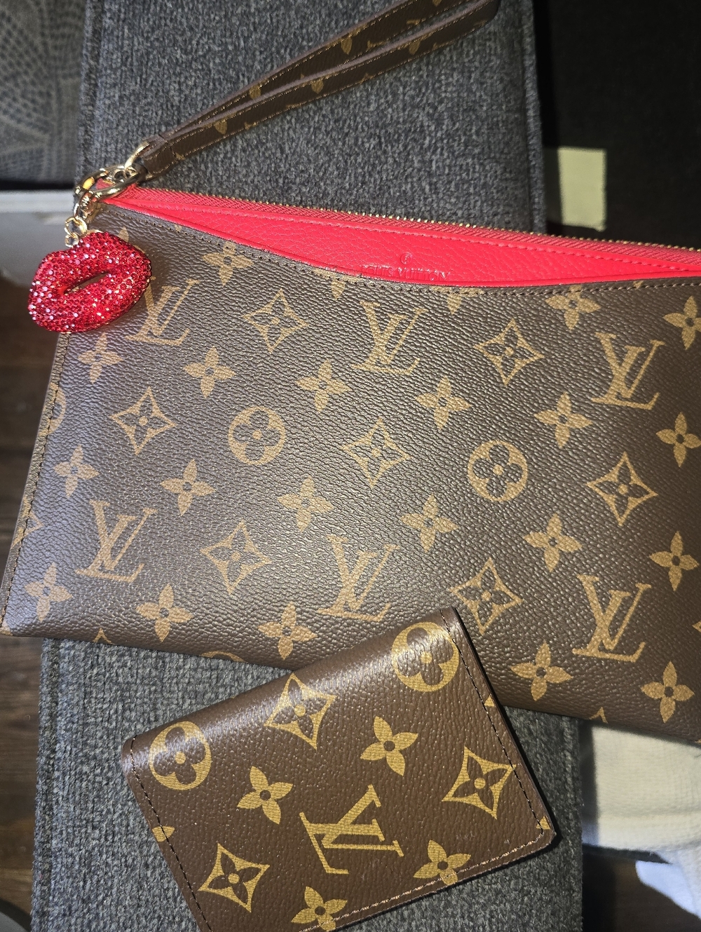 Signture To go Monogram Canvas  Clutch in Red Trim/wallet & Crystal Charm Bundle - Picture 3 of 12